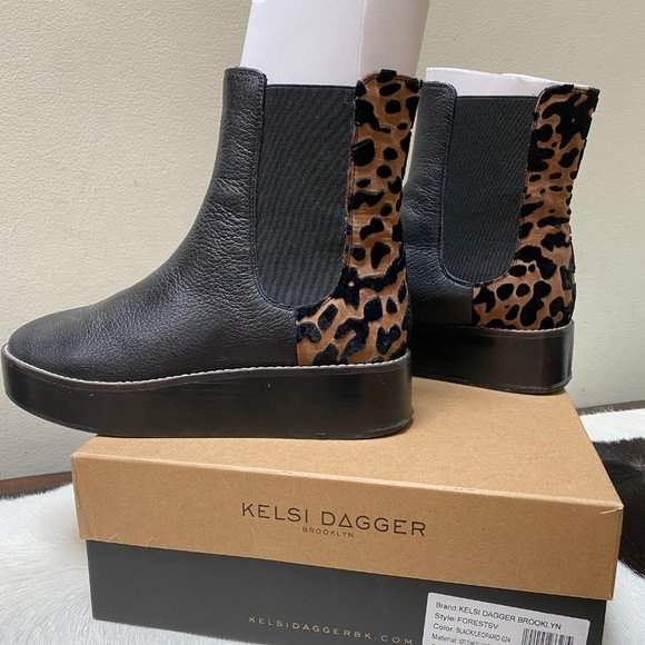 KELSI DAGGER BROOKLYN Forest Chelsea Boot In Black Leather/ Leopard Velvet SZ 8M - Picture 4 of 8